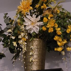 Artificial Flower Arrangement in Gold Metal Vase